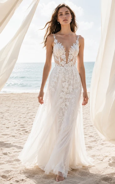 Vestido de novia playero de corte A con escote en V y encaje, falda de tul.