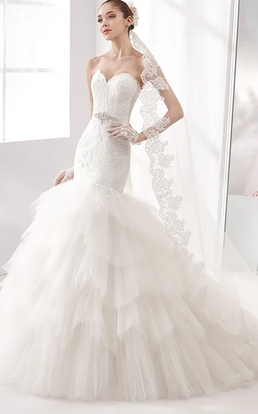 Sweetheart Mermaid Lace Gown With Multilayer Train And Lace-Up Back