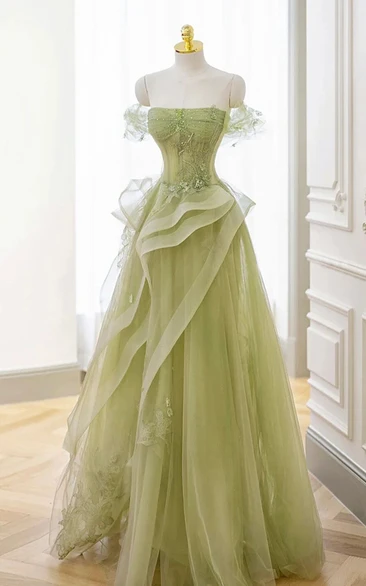 Mint Green Asymmetrical Tulle Gown with Embroidery