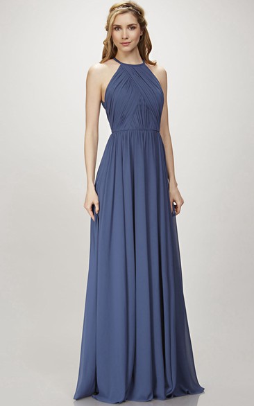 A-Line Scoop Maxi Pleated Sleeveless Chiffon Blue Bridesmaid Dress With Keyhole Back