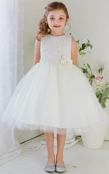 Floral Tea-Length Tiered Tulle&Lace Flower Girl Dress