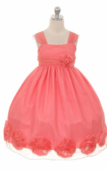 Floral Tea-Length Empire Pleated Floral Flower Girl Dress With Sash
