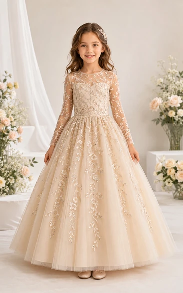 Long Sleeve Champagne Lace Tulle Flower Girl Ball Gown