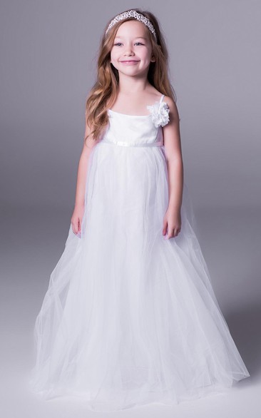 A-Line Sleeveless Spaghetti Floral Floor-Length Tulle Flower Girl Dress