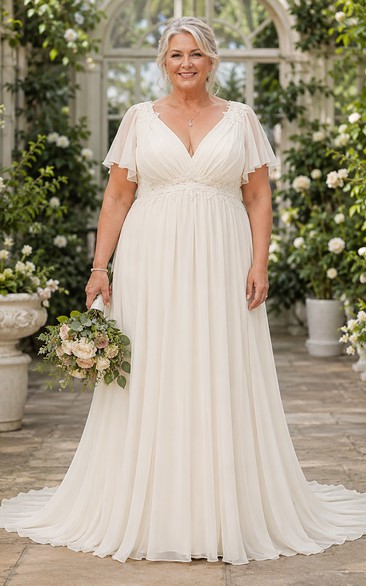 Plus Size Flutter Sleeve Chiffon A-Line Older Brides Wedding Dress