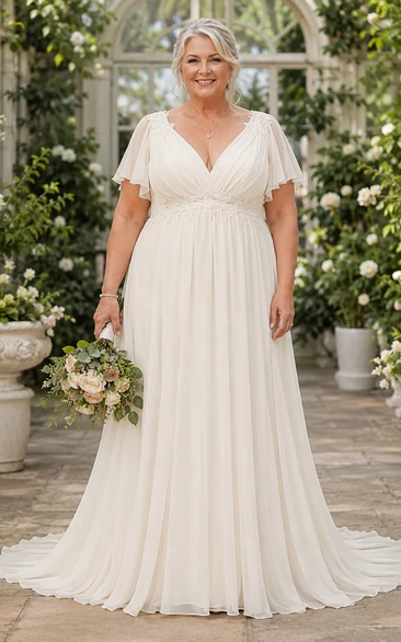 Plus Size Flutter Sleeve Chiffon A-Line Older Brides Wedding Dress