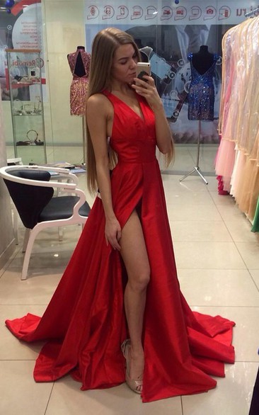Sexy Red V-neck Long Prom Dress Sleeveless Front Split