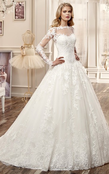 Long-Sleeve A-line Princess Wedding Dress with Brush Train and Appliques