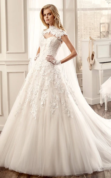 High-Neck A-Line Wedding Dress With Appliques And Keyhole Back