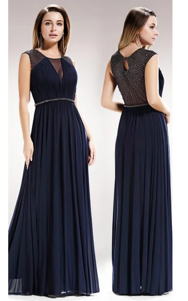 A-Line Bateau Cap-Sleeve Chiffon Illusion Dress With Pleats And Beading