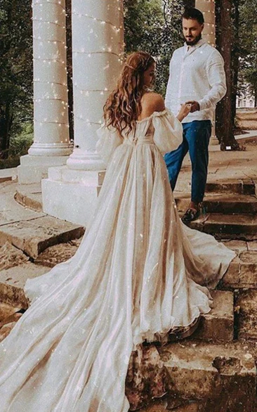 Boho Princess Off-the-shoulder A-line Puff-sleeve Backless Wedding Dress