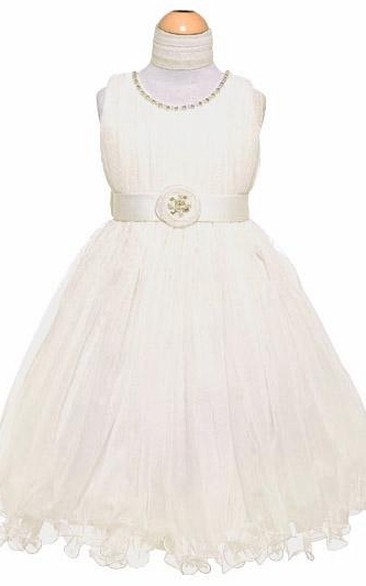 Tea-Length Jewel Pleated Tiered Tulle&Satin Flower Girl Dress
