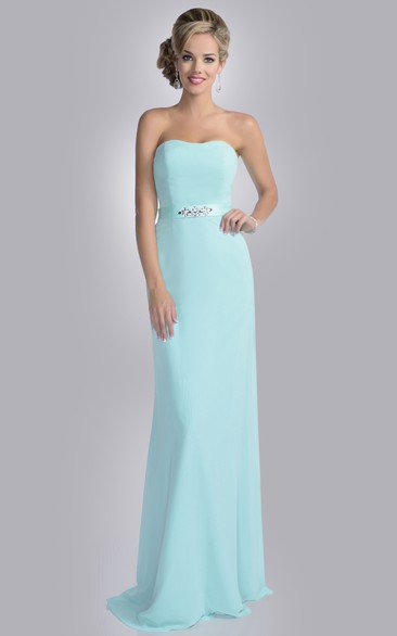Column Strapless Chiffon Bridesmaid Dress Featuring Rhinestone Detailing