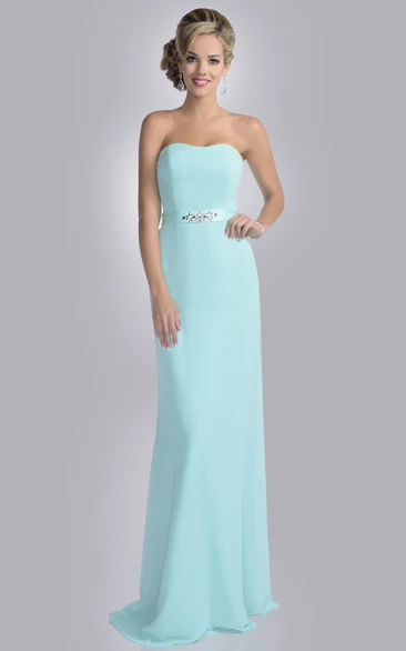 Column Strapless Chiffon Bridesmaid Dress Featuring Rhinestone Detailing