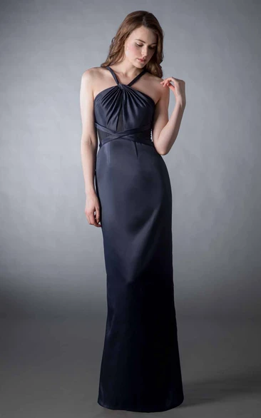 Sheath Strapped Ruched Sleeveless Satin Bridesmaid Dress