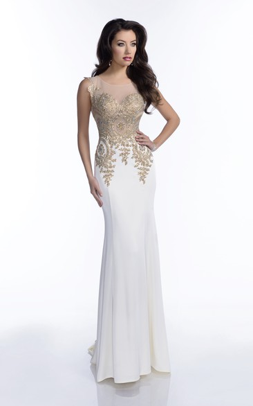 Jersey Sheath Sleeveless Bateau Neck Prom Dress Featuring Sophisticated Bling Bodice