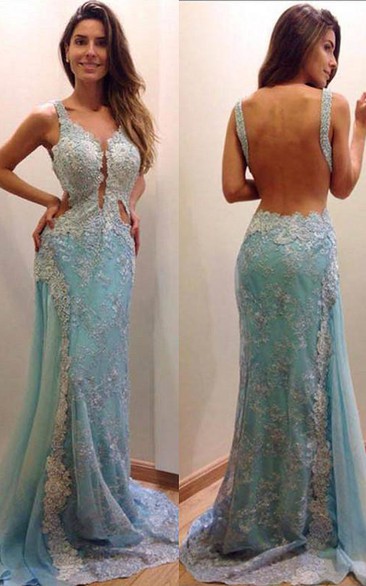 Delicate Lace Appliques A-line Evening Dress Mermaid Open Back Straps