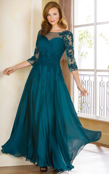 3-4 Sleeved A-Line Gown With Appliques And Illusion Style
