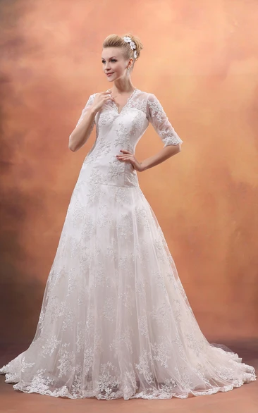 Half-Sleeve V-Neck Dress With Lace Appliques and Tulle Overlay