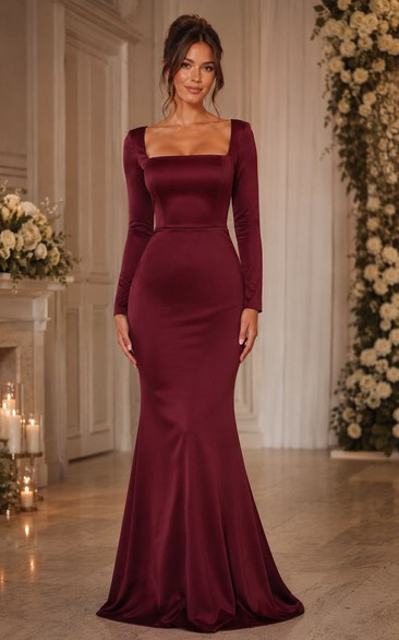 Burgundy Square Neck Long Sleeve Mermaid Satin Bridesmaid Dress