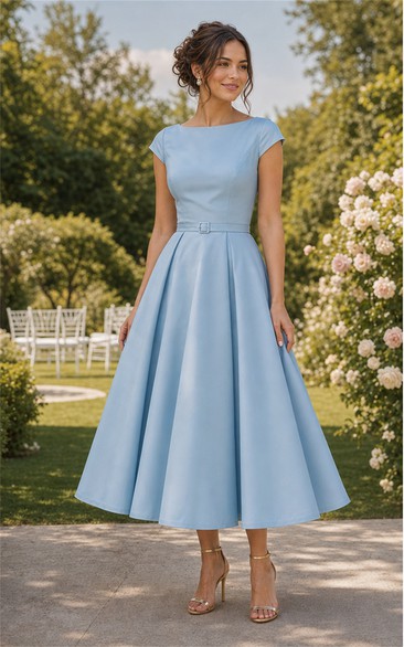 Sky Blue Satin A-Line Bateau Tea-Length Dress