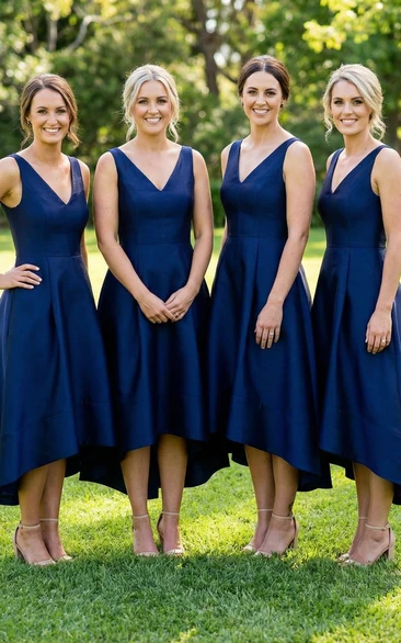 V-Neck Sleeveless Satin A-Line Tea-Length Gown