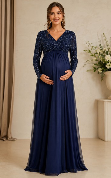 Maternity A-Line Lace Maternity Dress with V-neck, Long Sleeve and Lace Beading, Floor Length