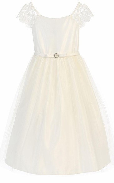 Broach Short Cap-Sleeve Beaded Tulle&Lace Flower Girl Dress