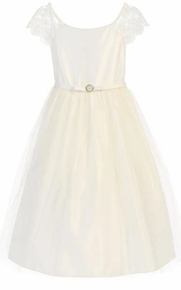 Broach Short Cap-Sleeve Beaded Tulle&Lace Flower Girl Dress