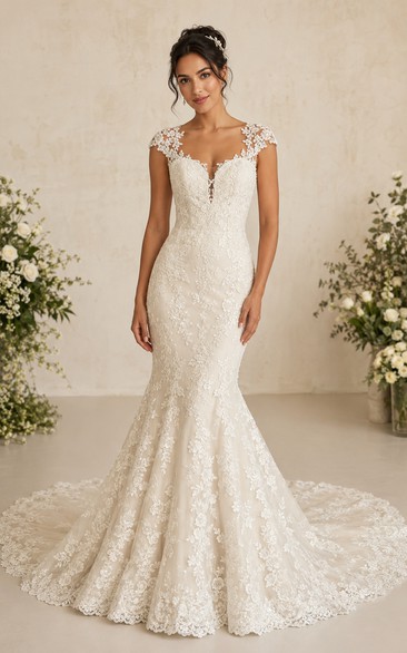 Ivory Illusion Lace Mermaid/Trumpet Wedding Dress with Lace