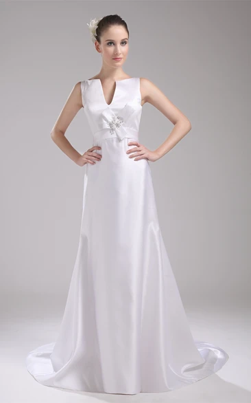 Notched Satin Floor-Length Sleeveless Bow and Dress With Beading