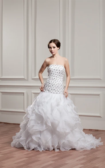 Strapless A-Line Floor-Length Ruffled Dress With Jeweled Bodice