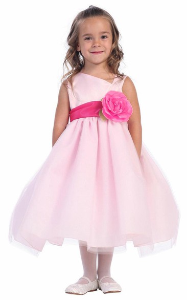 Tea-Length Tiered Floral Tulle&Satin Flower Girl Dress