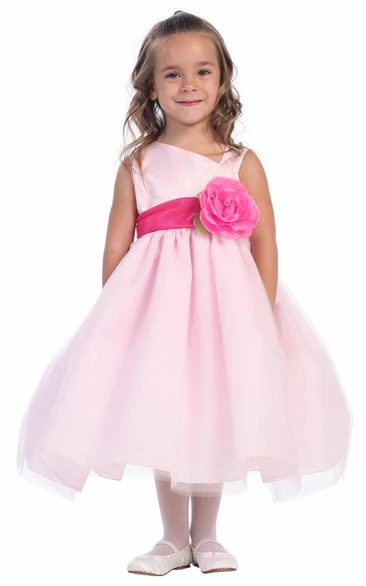 Tea-Length Tiered Floral Tulle&Satin Flower Girl Dress