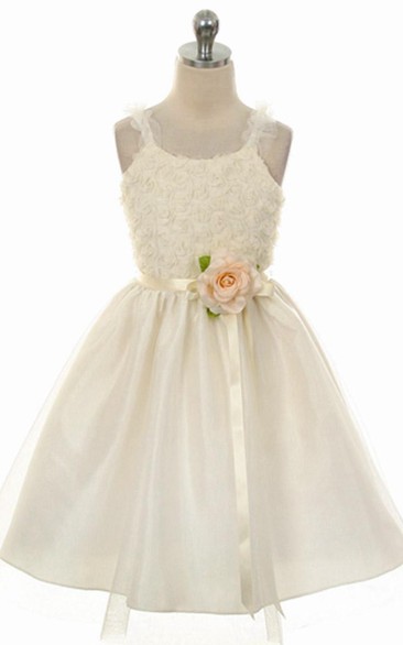 Ruffled Tea-Length Tiered Tulle Flower Girl Dress With Embroidery