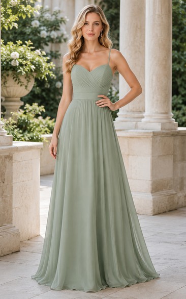 Sage Spaghetti Strap Chiffon A-Line Bridesmaid Dress with V-Neck