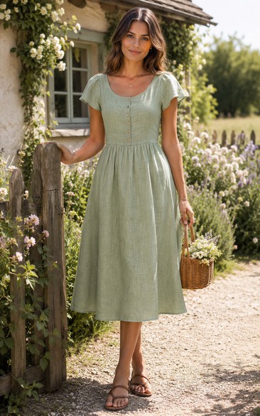 Sage Scoop Neck Cap Sleeve Tea-Length Dress