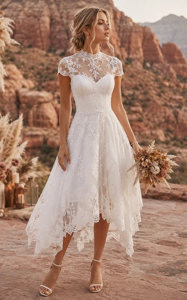 Boho High-Low Lace Wedding Dress with Cap Sleeves, Illusion Neckline & Romantic Asymmetrical Tea Length Hem