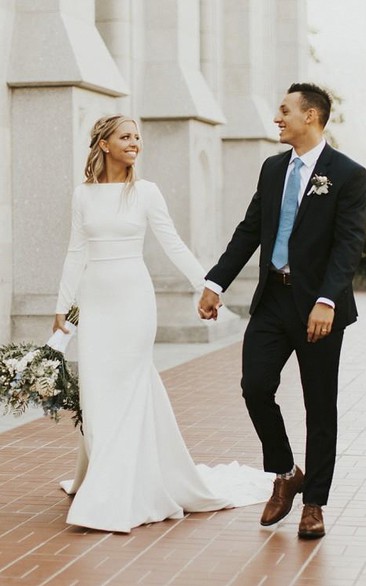 Modest Long Sleeve Satin Mormon/Lds Modern Sheath Bridal Gown Scoop Court Train Wedding Dress