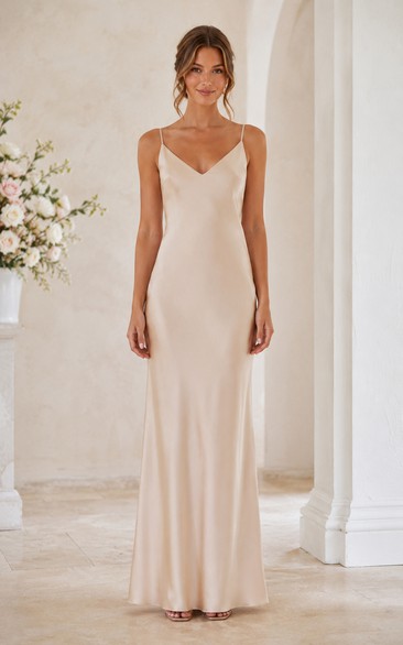 Ivory V-neck Satin Slip Bridesmaid Dress