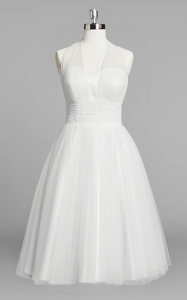 Halter A-Line Short Tulle Tea Length Wedding Dress With Ruching
