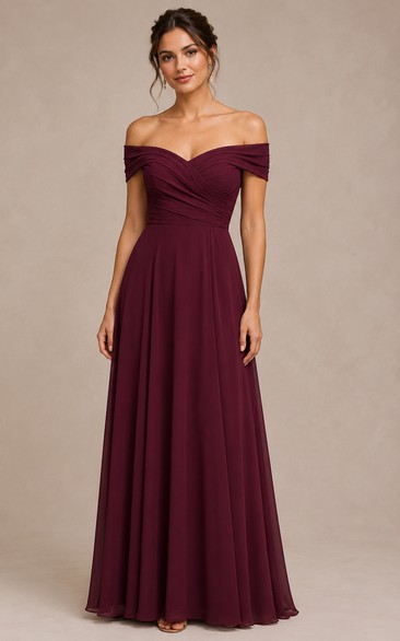 Burgundy Off-the-Shoulder A-Line Chiffon Bridesmaid Dress