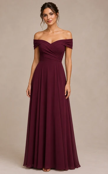 Burgundy Off-the-Shoulder A-Line Chiffon Bridesmaid Dress