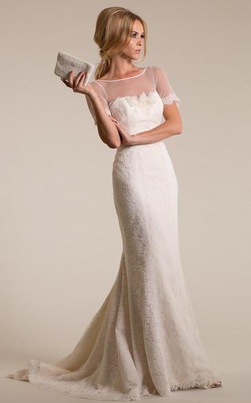 Sheath Short-Sleeve Scoop-Neck Lace Modest Wedding Dress With Flower And Deep-V Back