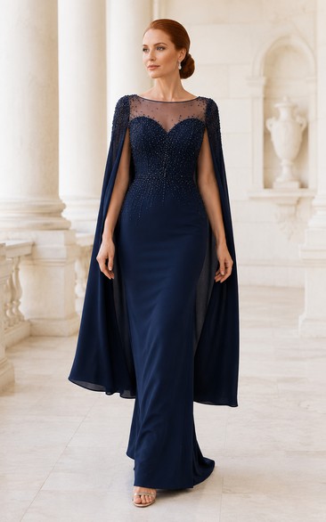 Robe fourreau bleu marine foncé à manches cape illusion pour la mère de la mariée