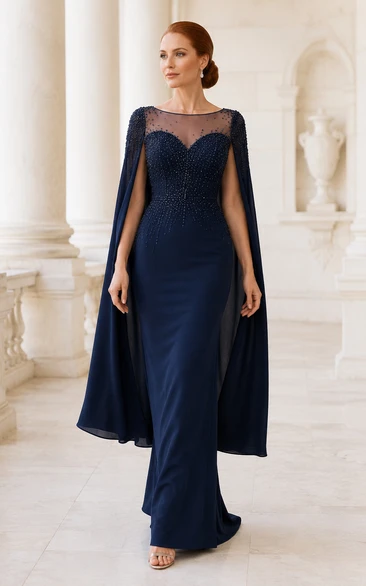 Robe fourreau bleu marine foncé à manches cape illusion pour la mère de la mariée