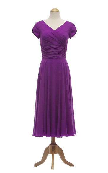 Petal Sleeve V-neck Tea-length Dress With Ruched Waist