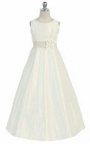 Floral Floral Beaded Satin Flower Girl Dress With Sash