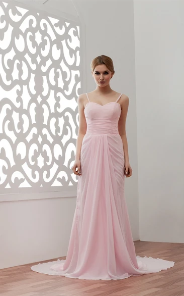 Spaghetti-Strap Long Chiffon Brush Train and Dress With Pleats
