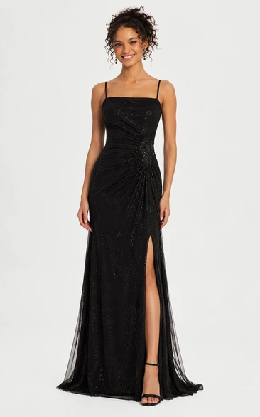 Sequin Prom Dress in Black, Square, Spaghetti Strap Sheath Floor-Length Gown with Sequins and Ruching